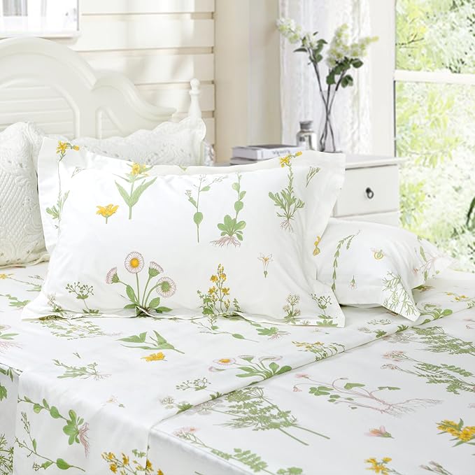 FADFAY Shabby Green Floral Sheet Set 100% Cotton Bed Sheet Set Green White Natural Hypoallergenic Bedding Set,4pcs-Queen