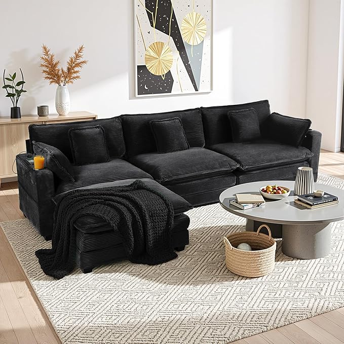 Gexpusm Modular Sectional Sofa,99" Couches for Living Room,Corduroy Sofa with Ottoman & Pillow,Cloud Sectional Couch with Cup Holders & USB,Side Pockets,3-Seat Corduroy Boneless Chair Indoor,Black