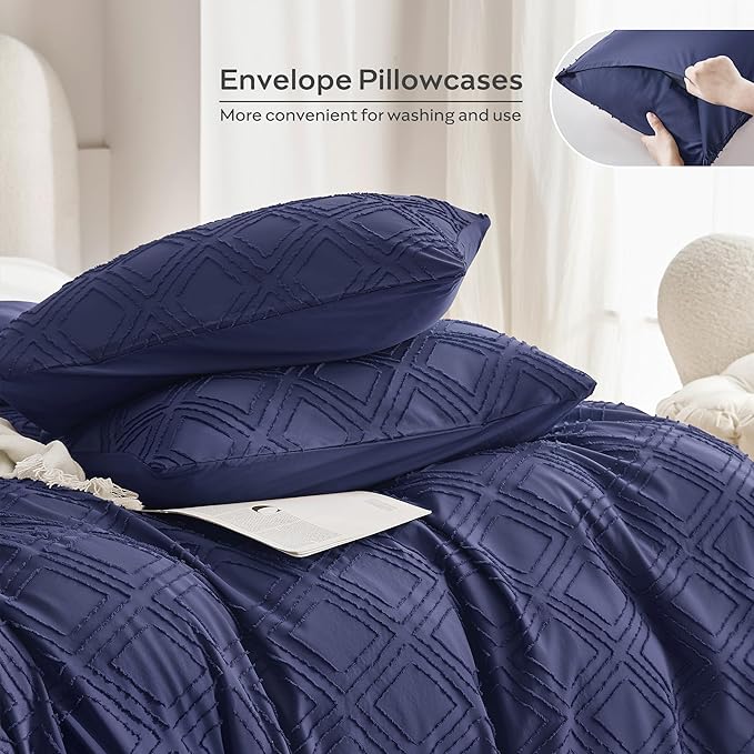 JELLYMONI Duvet Cover King Size Navy Blue - 3PCS Boho Duvet Cover Set Plaid Polyester Tufted Bohemian Jacquard Knit Textured Comforter Cover 104×90in Rhombic Geometric Pattern Zipper Corner Tie