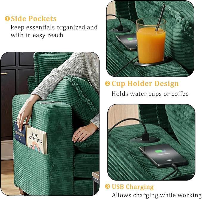 Gexpusm Modular Sectional Sofa,99" Couches for Living Room,Corduroy Sofa with Ottoman & Pillow,Cloud Sectional Couch with Cup Holders & USB,Side Pockets,3-Seat Corduroy Boneless Chair Indoor (Green)