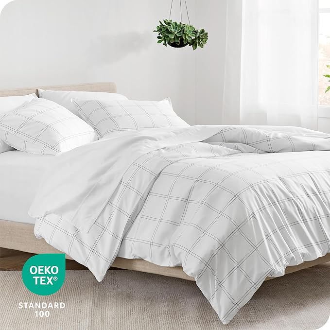 Bare Home Bedding Duvet Cover Extra Long Size - Premium 1800 Super Soft Collection - Lightweight, Cooling - Soft Textured (Twin/Twin XL, Modern Plaid - White/Grey)