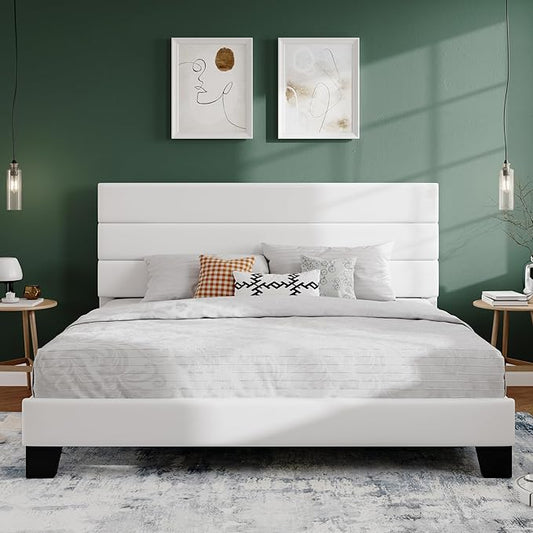 SHA CERLIN King Platform Bed Frame with Velvet Upholstered Headboard, Mattress Foundation with Strong Wooden Slats Support, No Box Spring Needed, White