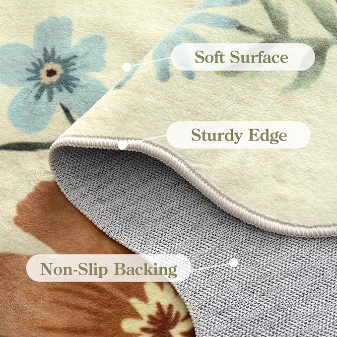 Lahome Floral Washable Round Area Rug, Round Rug 5ft Soft Non-Slip, Non-Shedding Boho Circle Carpet for Bedroom Living Room Bathroom Nursery Kitchen, Beige