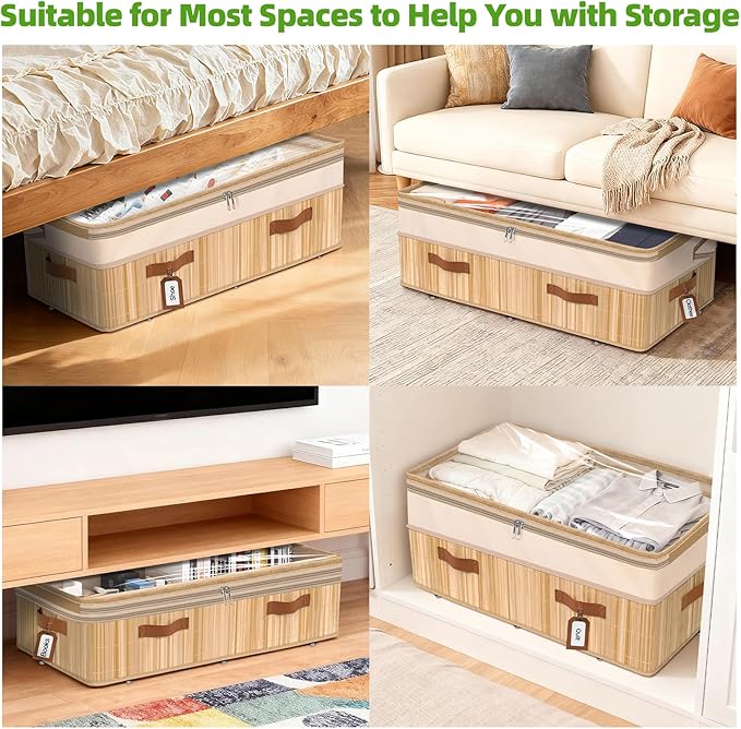 Livole Bamboo Under Bed Storage with Wheels, 6-10 inches Height Adjustable Underbed Storage Containers, 92L XXXL Large Rolling Under Bed Storage Bins for Clothes, Blankets, Sweater, Shoes, 1 Pack