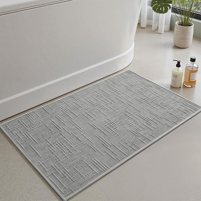 AMOAMI Bath Mat Non Slip Super Absorbent Quick Dry Bath Mats for Bathroom Floor Rubber Backing Washable Bathroom Rugs Modern Woven Jacquard Mat, Beside Tub Bath Rugs, 20" x 32", LightGrey
