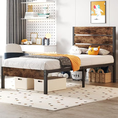 Twin Bed Frame with Headboard and Footboard, Metal Twin Bed Frame with Under Bed Storage, All-Metal Support System, No Box Spring Needed, Easy Assembly,Rustic Brown