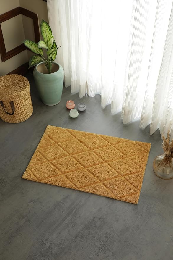Organic Cotton Bathroom Rug, Luxury Non Slip Ultra Soft & Water Absorbent Bath Mat | Diamonds Design Premium Bath Rug | Perfect for Tub & Shower, Toilet Floors, Door Mat (36"x24", Yellow Ochre)