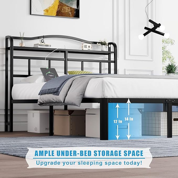 14 Inch Metal Bed Frame - Full Size Black Heavy Duty Bedframe Platform Basic Mattress Foundation with Headboard & Charging Station No Box Spring Needed/Easy Assembly