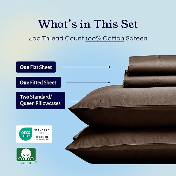 California Design Den Queen Sheet Set - Soft 400 Thread Count Sateen, Natural 100% Cotton Sheets for Queen Size Bed with Deep Pockets, and Durable Bedding Set - Espresso Chocolate Brown CaliforniaDesignDen