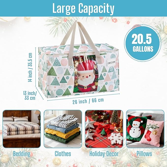 VENO 2 Pack Moving Bags, Large Christmas Storage Bins with lids, Packing Supplies for College, Alternative to Moving Boxes, Foldable, Heavy-Duty Tote, Christmas Pattern (Pastel Forest, 2 Pack)