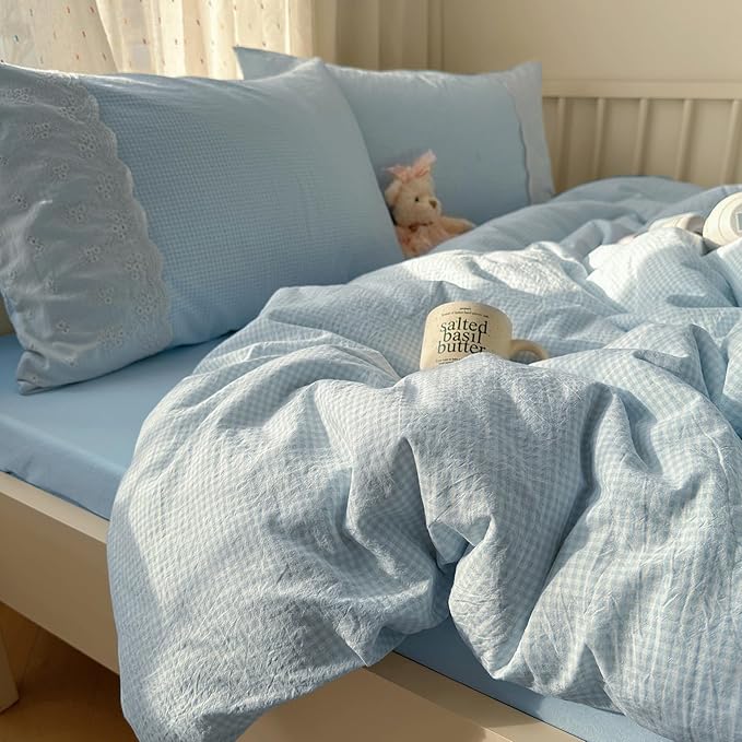 mixinni Blue Gingham Duvet Cover Full Size - 3 Piece Cottagecore Plaid Bedding Set with Lace Trim, Soft Washed Microfiber Vintage Aesthetic Grid Comforter Cover & Pillow Shams, (Blue White Gingham)