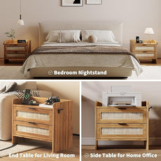 Rattan Nightstand Set of 2, Bedside Table with Type-C Charging Station - 2 Storage Drawer Space, Boho End Table Side Table for Bedroom Office, Large Night Stand with Charging Port