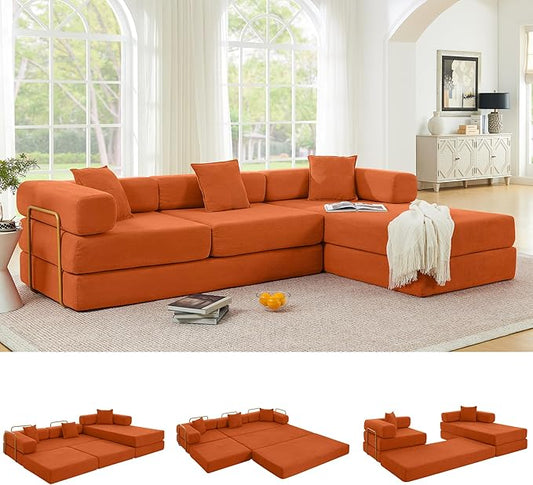 108" Oversized Convertible Sleeper Sofa Bed, Corduroy L Shape Sectional Couch, Folding Sofa Bed with Fixed-Shape Frame, Modern Cloud Floor Mattress Couch, Modular Sofa for Living Room, Orange