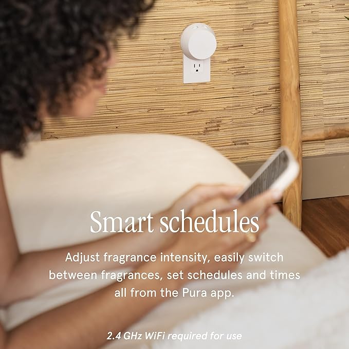 Pura - Smart Home Fragrance Device Starter Set - Pura 4 - Scent Diffuser for Home - Includes Fragrance Aroma Diffuser - Square Box, Linens & Surf and Yuzu Citron Scent Refills