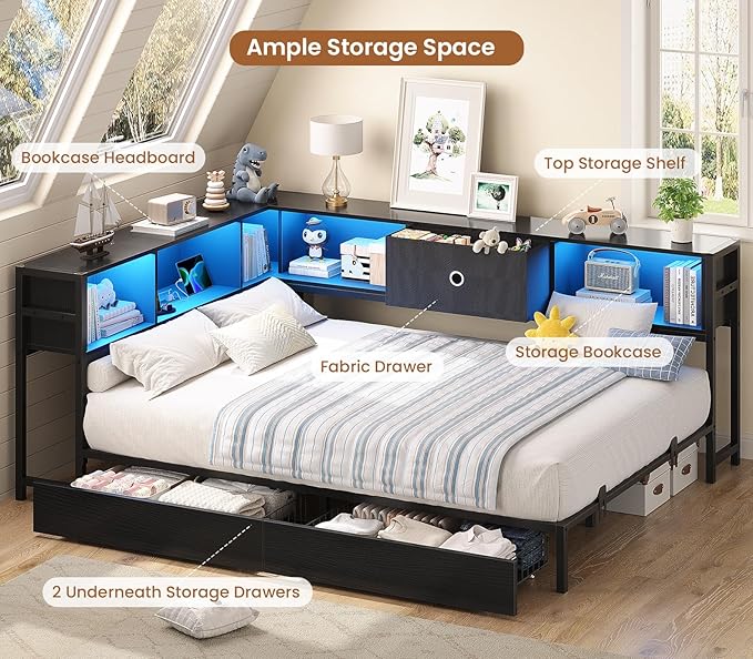 Hasuit Full Corner Bed Frame with Storage Drawers and Bookcase Headboard, Full Size Metal Platform Corner Bed Frame with Charging Station and LED Lights, Full Daybed for Kids Teens Guests, Black
