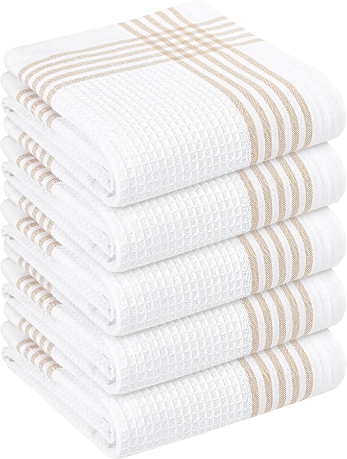 Beige and White Waffle Kitchen Towels 5 Pack, 100% Cotton, 16x26 Inch, Ultra Absorbent, Fast Dry Dish Towels, Reusable Dishcloths for Drying, Cleaning, Kitchen Use