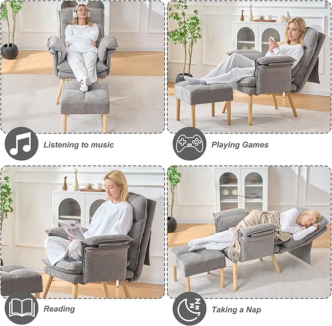 Modern Adjustable Accent Chair with Ottoman, Soft Fabric Reading Chair with Adjustable Backrest and Pillow, Comfy Lounge Chair with Armrests for Living Room, Bedroom, Apartment, Office, Dorm,Grey