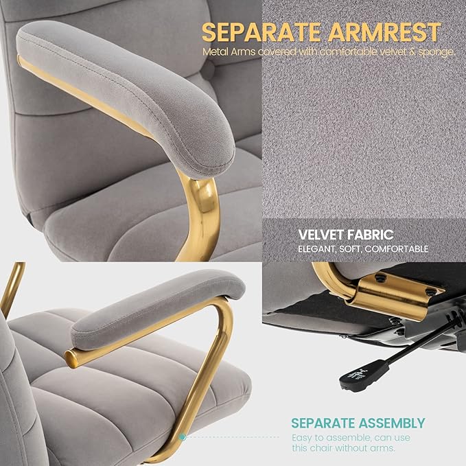 Velvet Home Office Desk Chair, Upholstered Adjustable Swivel Task Chair with Wheels, Tufted Mid-Back Computer Chair with Arms, for Study Living Room Vanity (Grey, Gold Base)