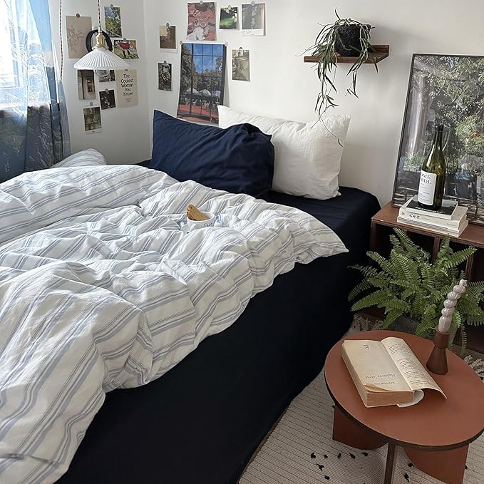 VM VOUGEMARKET Modern Duvet Cover Set King Size Demin Blue Stripes Duvet Cover with 2 Pillowcases 100% Washed Cotton Minimalist Bedding Set,104"x90"