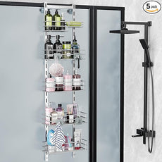 Orimade Over the Door Shower Caddy Adjustable 5 Tier Silver Grey,Bathroom Hanging Organizer Shelf Rustproof with 4 Hooks,Shower Basket with Soap Holder and Suction Cup