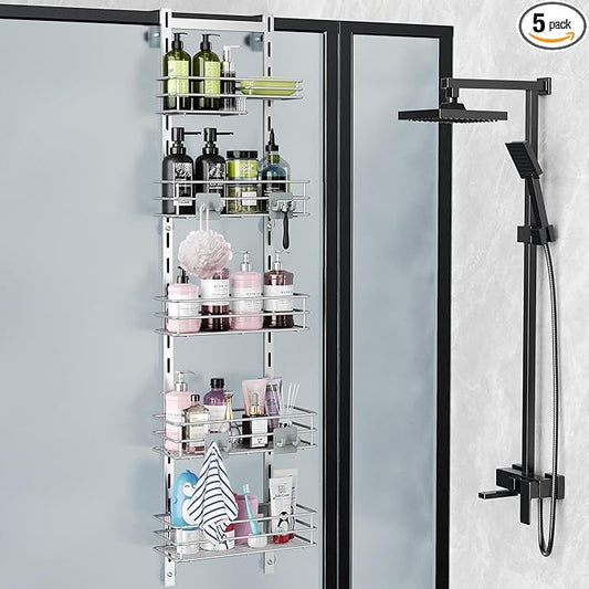 Orimade Over the Door Shower Caddy Adjustable 5 Tier Silver Grey,Bathroom Hanging Organizer Shelf Rustproof with 4 Hooks,Shower Basket with Soap Holder and Suction Cup