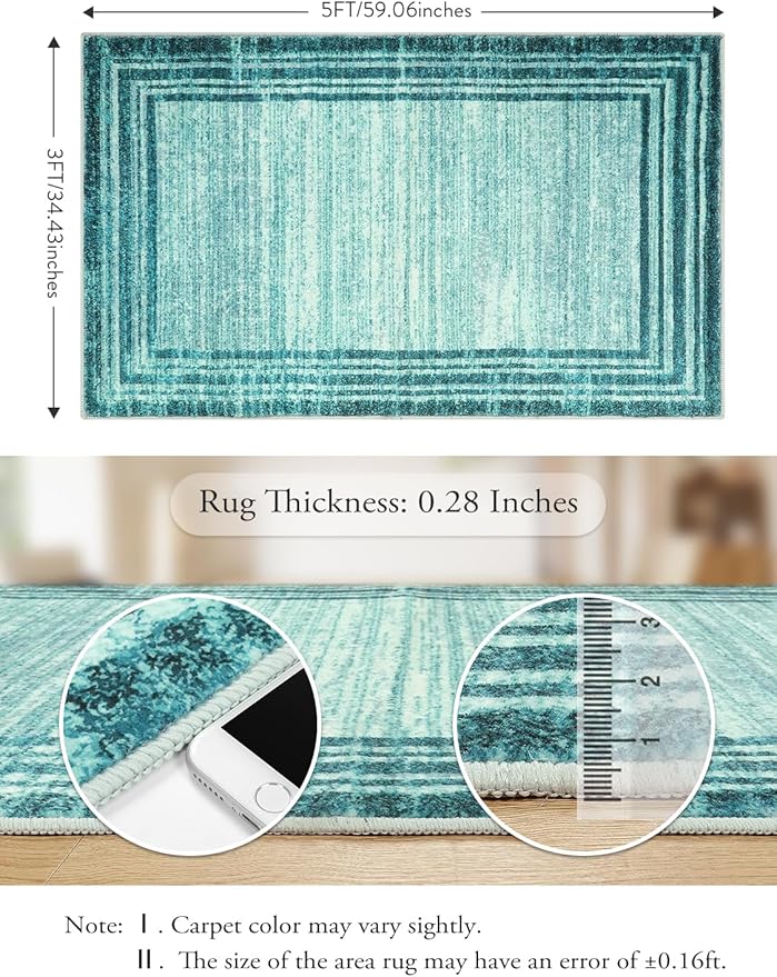Lahome Modern Abstract Area Rug, Washable Teal 3x5 Kitchen Rugs Non Slip Large Entryway Rug Indoor, Low-Pile Soft Bathroom Mat Minimalist Throw Rug for Bedroom Living Room Stain Resistance