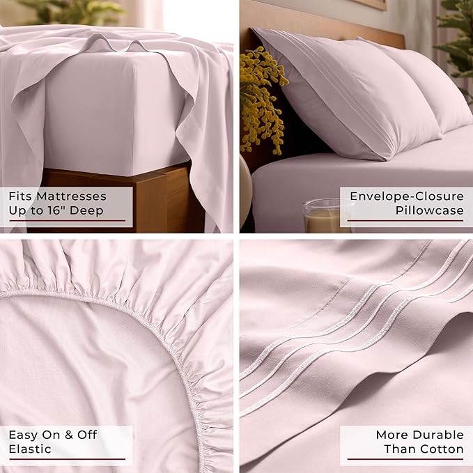 Mellanni Queen Sheet Set - 6-Piece Iconic Collection Bedding, (Including 4 Pillowcases), 16-Inch Deep Pocket, Easy Care, Extra Soft, Cooling Sheets, Brushed Microfiber - Blush Pink