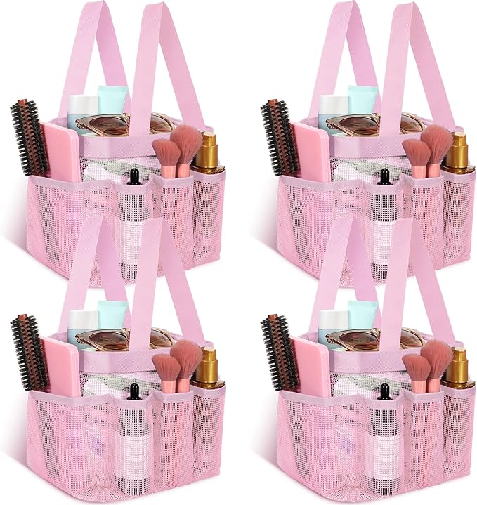 Hillban 4 Pcs Mesh Shower Caddy Portable Large Quick Dry Shower Caddy Basket with Deeper 8 Pockets and 2 Handles Hanging Bag for College Dorm Room(Pink)