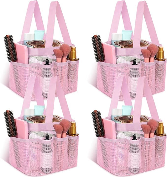 Hillban 4 Pcs Mesh Shower Caddy Portable Large Quick Dry Shower Caddy Basket with Deeper 8 Pockets and 2 Handles Hanging Bag for College Dorm Room(Pink)