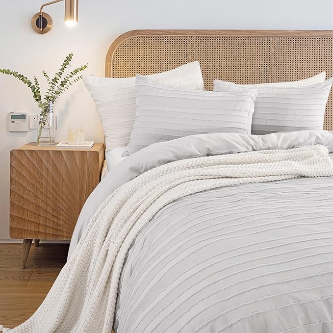 NEXHOME PRO Duvet Cover Full Size, Light Grey 3 Pieces Boho Tufted Duvet Cover Set, Soft and Lightweight Microfiber Comforter Cover Set for All Season (Light Grey Full, 80 x 90)-No Comforter