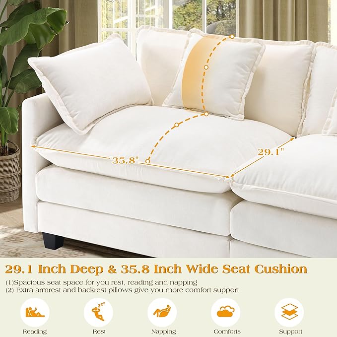 77.6" Modular Sectional Sofa,Loveseat Couch for Living Room, Modern Deep Seat Sofa 2 Seater Chenille Fabric Comfy Cloud Couches with Throw Pillows & Ottoman for Apartment,Small Spaces