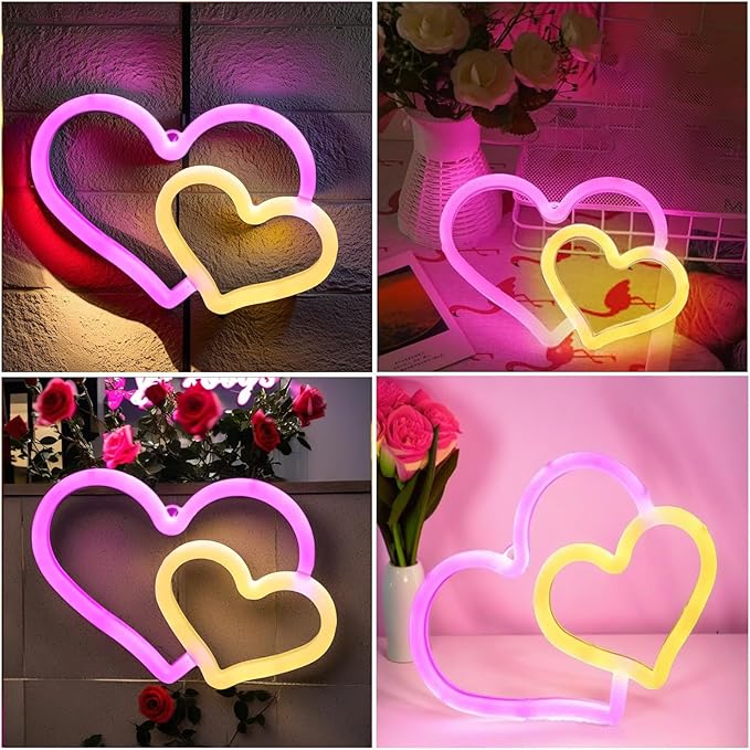 BRIGHTDECK Heart Neon Signs, Pink Heart Neon Sign Battery Operated or USB Powered Decorations Lights, LED Wall Décor for Birthday Gift, Wedding, Party, Home Decor
