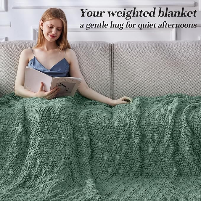 Knitted Weighted Blanket for Adult, Chunky Knit Weighted Throw for Sleep 60"*80" 15lbs, Cooling Breathable Machine Washable Heavy Blanket for Room Decor (HazeGreen, Queen)