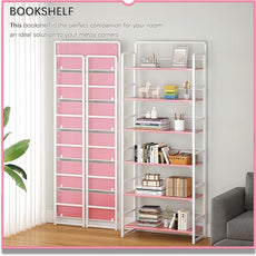 4NM No Assembly 6 Tiers Folding Bookshelf Storage Shelves Vintage Bookcase Standing Racks Study Organizer Home Office (Pink White)
