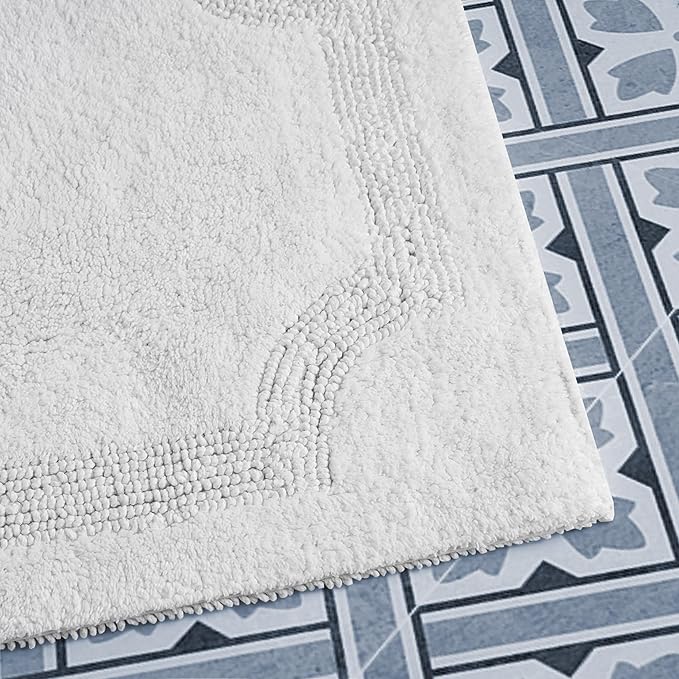 Laura Ashley - Reversible Cotton Bath Mat, Premium Bathroom Décor, Machine Washable Bathroom Rug, Highly Absorbent, 17"x24", White