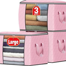 Fab totes 24 Gallons Clothes Storage, Foldable Thick Fabric Blanket Storage Bags, Containers for Organizing Bedroom, Closet, Clothing, Comforter, Organization with Handle (3 Pack,Pink)