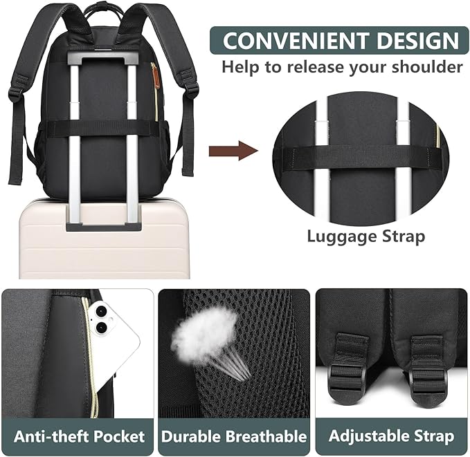 Laptop Backpack for Women Work Bookbag: 15.6 Inch College Backpacks with USB Charger School Bag Waterproof Travel Computer Back Pack Anti-Theft Casual Bookbags for Girls Teacher Nurse Black-Light-Blue