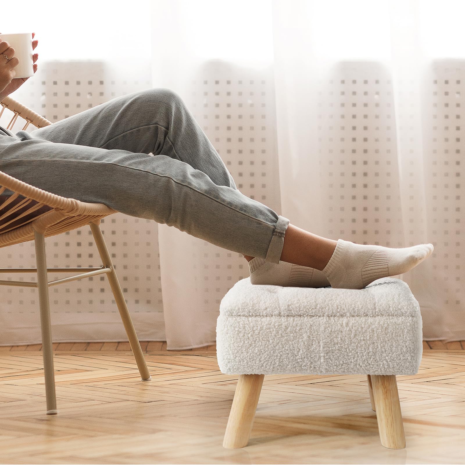 OGEMXU Storage Ottoman, Small Foot Stool Ottoman with Storage, Boucle Teddy Velvet Foot Rest with Padded Seat, Sturdy Wood Legs Stool for Living Room, Bedroom, Couch, Enterway (Cream) Dormly