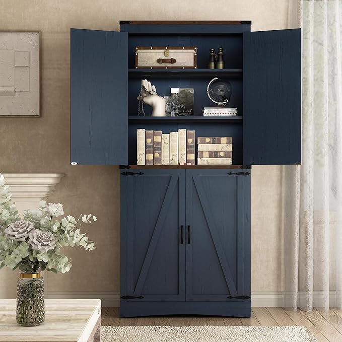 71" Tall Kitchen Pantry,Farmhouse Storage Cabinet with Adjustable Shelves,Load-Bearing Steel Pipe,Farmhouse Pantry Cabinet with 4 Barn Doors,for Kitchen,Dining Room,Living Room(Blue)
