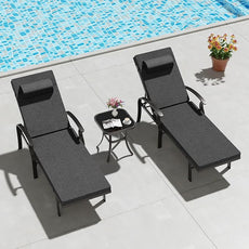 Patio Lounge Chairs Set of 3,Outdoor Lounge Chairs with 5 Adjustable Positions Backerst,Armrest Lounge Chair for Beach,Yard,Balcony,Poolside,Black