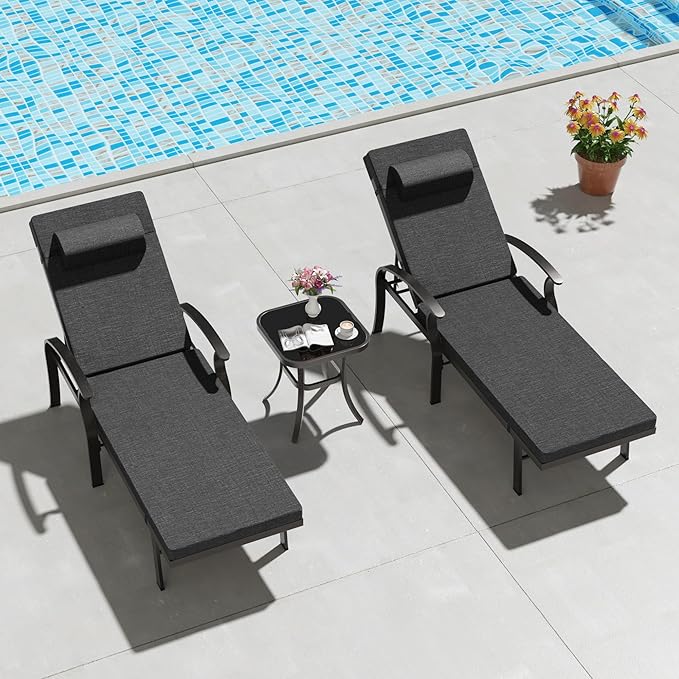 Patio Lounge Chairs Set of 3,Outdoor Lounge Chairs with 5 Adjustable Positions Backerst,Armrest Lounge Chair for Beach,Yard,Balcony,Poolside,Black