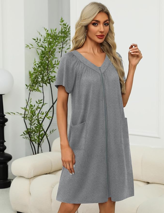 Ekouaer Women Robe Zipper Front Mumu Duster Robes Zip Up Housecoat Soft Sleepwear with Pockets
