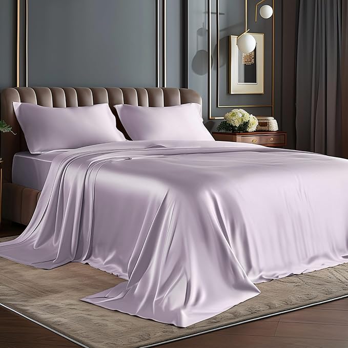 BEDELITE Satin Sheets Queen Size Bed Set, Luxury Soft Lavender Silky Sheets for Hair and Skin, Similar to Silk Bed Sheets Set 4 Pieces with 1 Deep Pocket Fitted Sheet, 1 Flat Sheet, and 2 Pillowcases