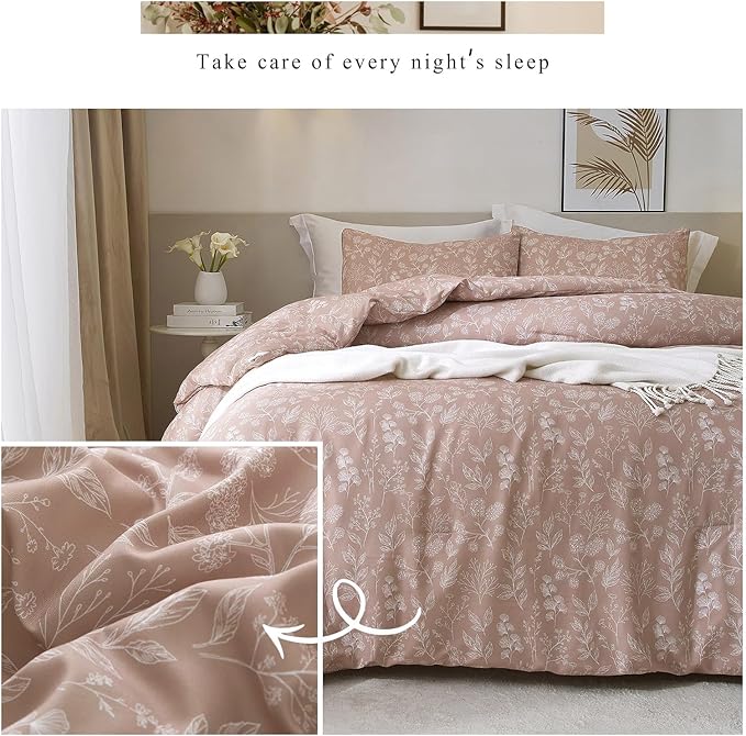 HighBuy Twin XL Duvet Cover Floral 100% Cotton Girls Aesthetic Bedding Set Botanical Flowers Comforter Cover Twin XL with 2 Pillowcases Garden Style Chic Floral Bedding Duvet Cover Set,Mauve Brown