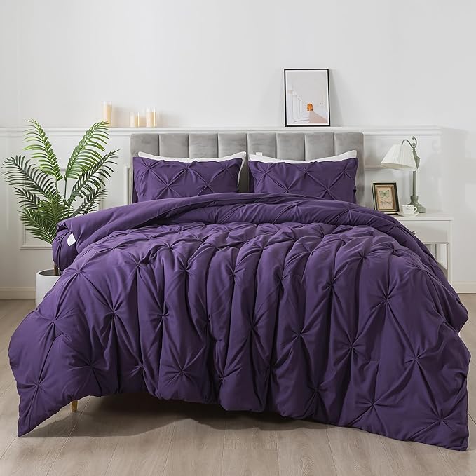 Andency Purple Comforter Full(79x90Inch), 3 Pieces(1 Pintuck Comforter and 2 Pillowcases) Microfiber Pinch Pleat Comforter Set Twin Size, Lightweight and Soft Bedding Comforter Set