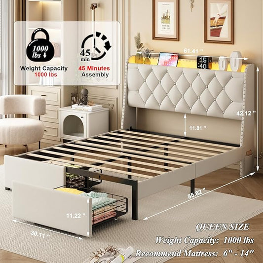 Queen Bed Frame with Storage Headboard and 2 Drawers, Upholstered Button Tufted Platform Bed Frame Queen Size with LED Lights, Charging Station, No Box Spring Needed, Noise Free, Easy Assembly, Beige