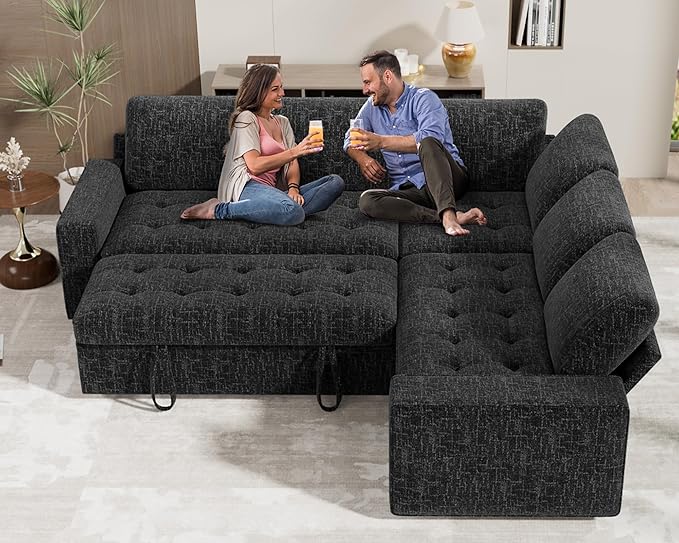 WEUP 5 Seat L Shaped Sectional Sleeper Sofa Bed with Pull Out Bed, Chenille Sectional Sleeper Couch with Adjustable Backrest, USB Ports & Storage Seat, Tool-Free Assembly, Chenille Black