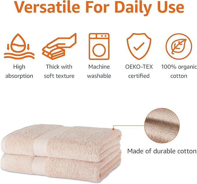 Amazon Basics Fade-Resistant 100% Cotton Bath Towel, 2 Pack, 30"x54", Blush Pink