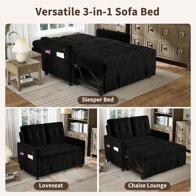 3 in 1 Convertible Sleeper Sofa Bed, Pull Out Couch with Charging Station, Corduroy Small Loveseat Sleeper Sofa with Adjustable Backrest for Apartment, Bedroom, Small Space（Black）
