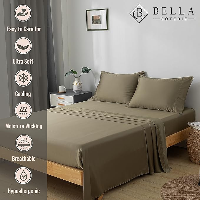 Bella Coterie Luxury Bamboo Viscose Split King Size Sheet Set | 2 Fitted Sheets for Sleep Number & Adjustable Beds | 100% Organically Grown | Cooling & Ultra Soft | 18” Deep Pocket [Olive] BC